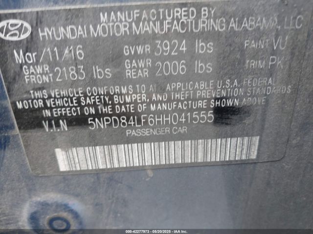 5NPD84LF6HH041555 Hyundai 2017