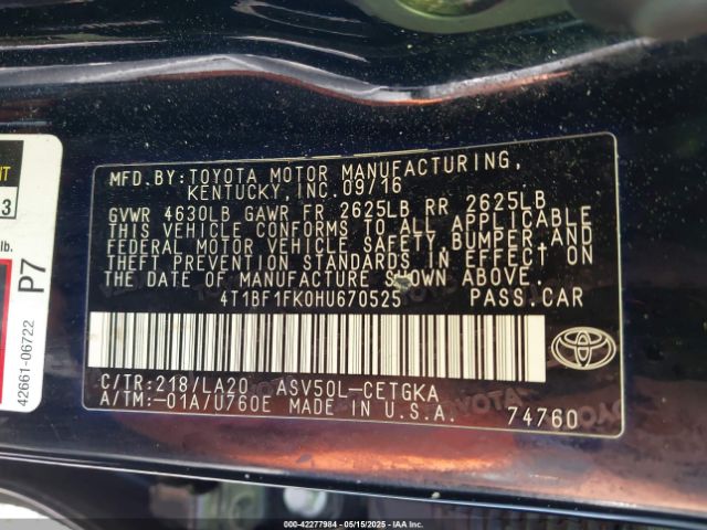 4T1BF1FK0HU670525 Toyota CAMRY XLE