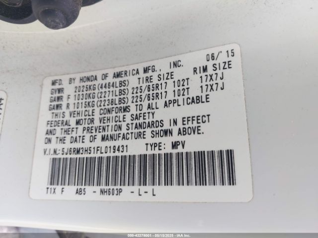 5J6RM3H51FL019431 Honda CR-V EX