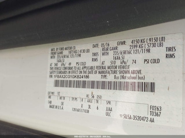 1FBAX2CG1GKB24186 Ford Transit-350 Xlt