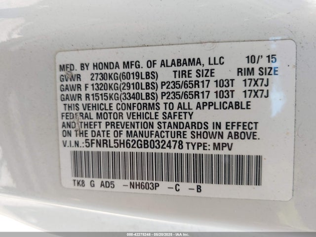 5FNRL5H62GB032478 Honda Odyssey Ex-l