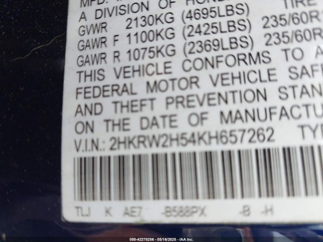 2HKRW2H54KH657262 Honda CR-V EX