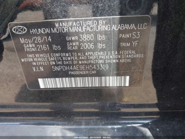 5NPDH4AE9EH543319 Hyundai ELANTRA SE