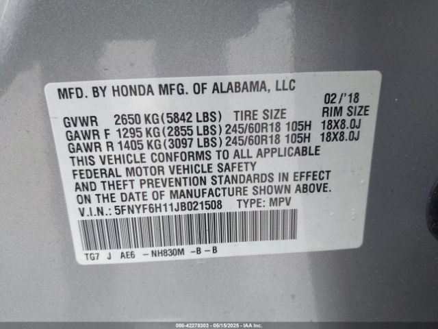 5FNYF6H11JB021508 Honda PILOT LX