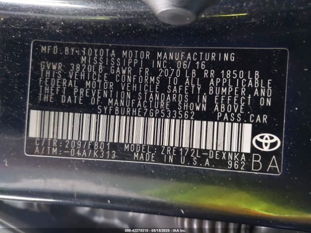 5YFBURHE7GP533562 Toyota COROLLA LE