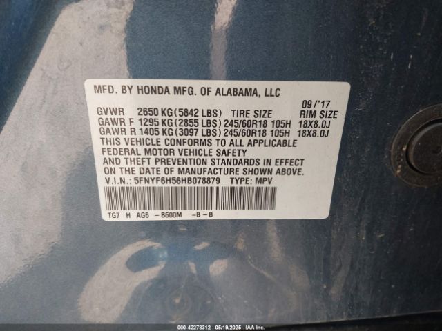 5FNYF6H56HB078879 Honda Pilot Ex-l
