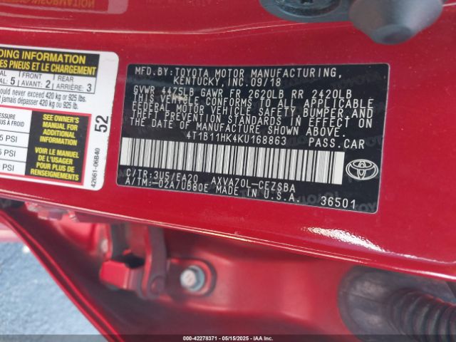 4T1B11HK4KU168863 Toyota CAMRY SE