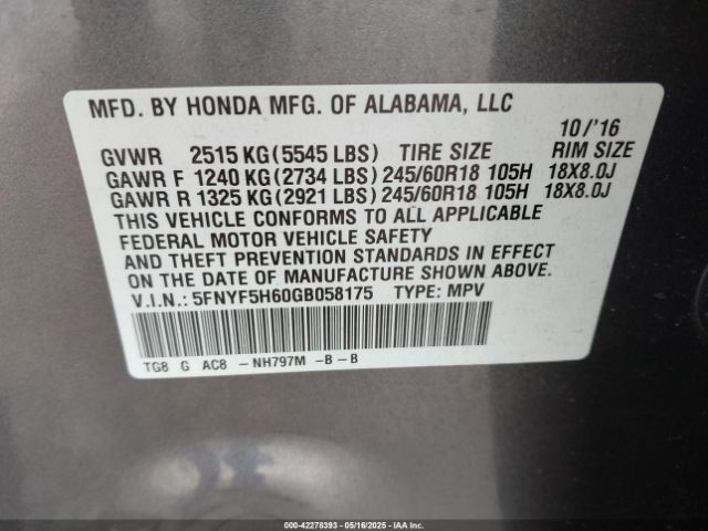 5FNYF5H60GB058175 Honda Pilot Ex-l