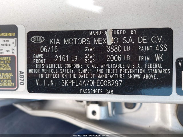 3KPFL4A70HE008297 KIA mpi nu