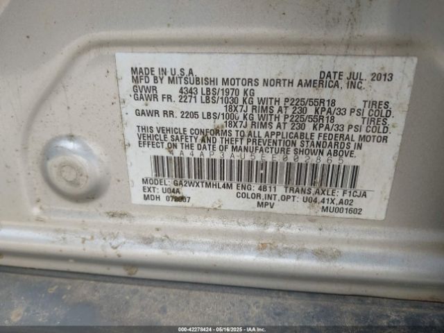 4A4AP3AU5EE002865 Mitsubishi Outlander Sport Es