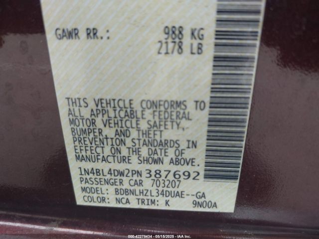 1N4BL4DW2PN387692 Nissan Altima Sv Intelligent Awd