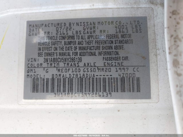 3N1AB8CV5NY286139 Nissan Sentra Sv Xtronic Cvt