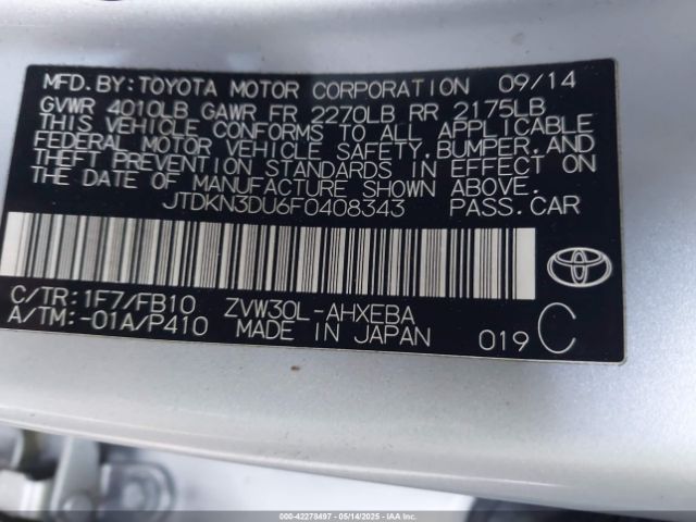 JTDKN3DU6F0408343 Toyota Prius Two