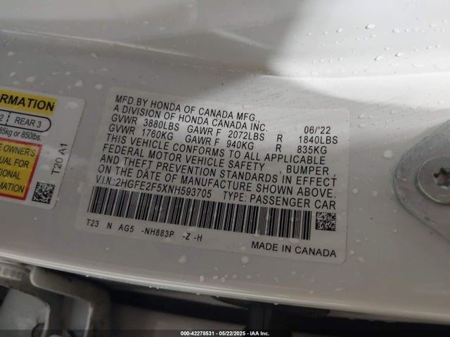 2HGFE2F5XNH593705 Honda Civic Sport