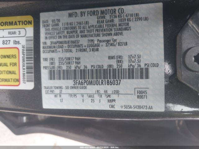 3FA6P0MU0LR186037 Ford Fusion Hybrid Sel