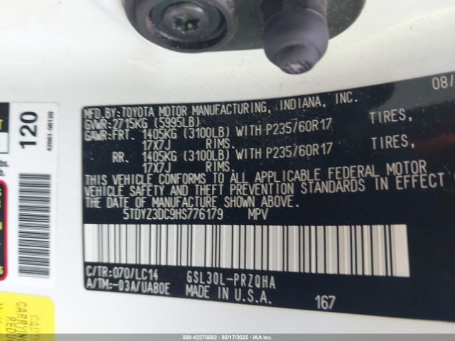 5TDYZ3DC9HS776179 Toyota Sienna Xle 8 Passenger