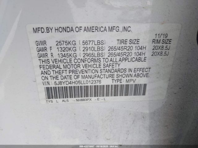 5J8YD4H05LL012376 Acura Mdx Technology   A-spec Packages
