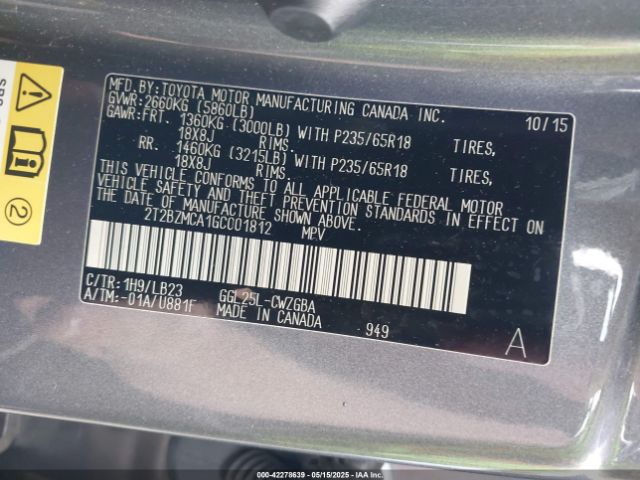 2T2BZMCA1GC001812 Lexus RX 350