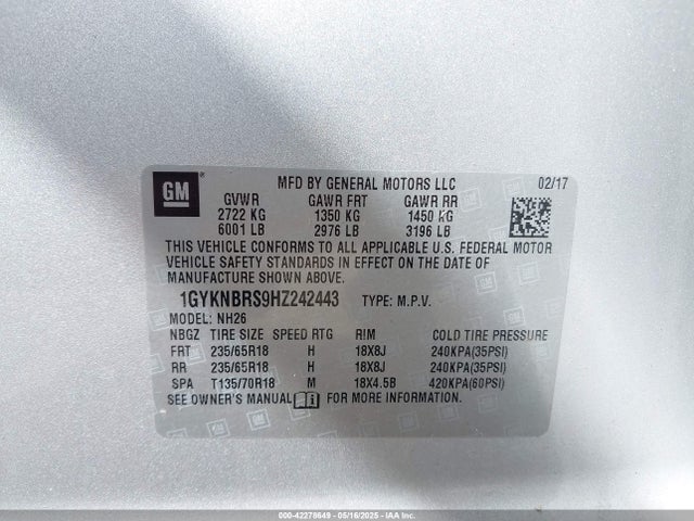1GYKNBRS9HZ242443 Cadillac lgx - di: direct injection, vvt: variable valve timing, alum, gen 2
