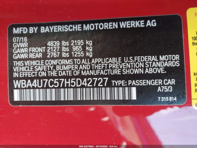 WBA4U7C57H5D42727 BMW 430I