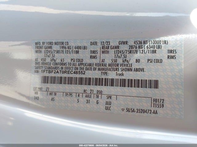 Aukcja sprzedaży 2024 Ford F-250 Xl, vin: 1FTBF2AT0REC48552, numer aukcji: 42278686