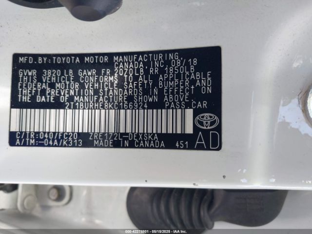 2T1BURHE8KC166924 Toyota 2zr-fe