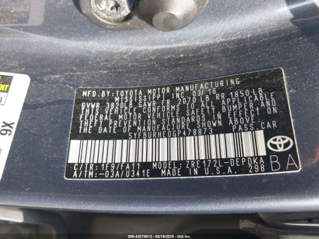 5YFBURHE0GP478873 Toyota COROLLA L