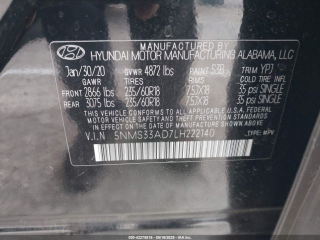 5NMS33AD7LH222140 Hyundai Santa Fe Sel