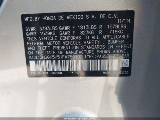 3HGGK5H51FM750102 Honda FIT LX
