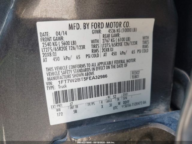 1FT7W2BT5FEA32986 Ford F-250 Lariat