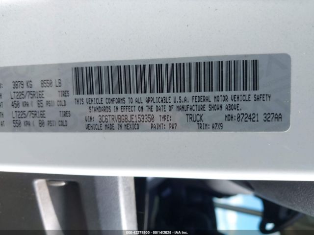 3C6TRVBG8JE153350 RAM Promaster 1500 High Roof 136 Wb