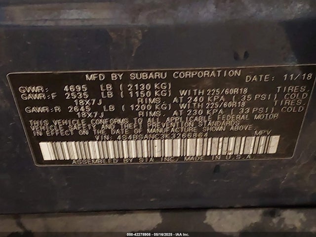 4S4BSANC3K3266864 Subaru Outback 2.5i Limited
