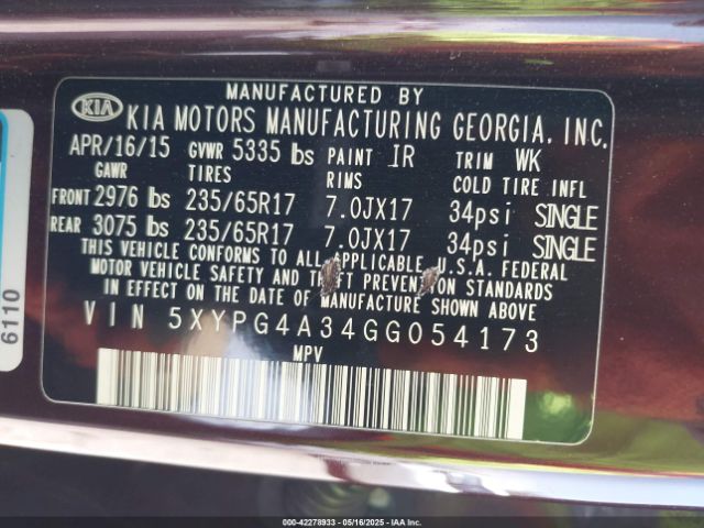 5XYPG4A34GG054173 KIA Sorento 2.4l Lx