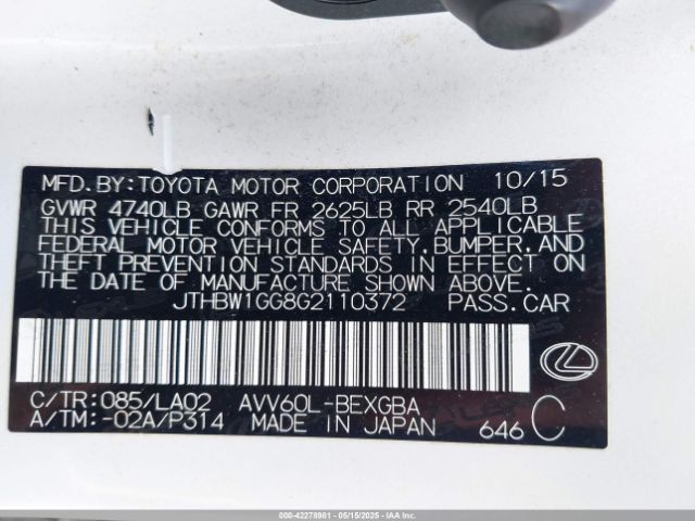 2016 LEXUS ES 300H JTHBW1GG8G2110372 Photo 8