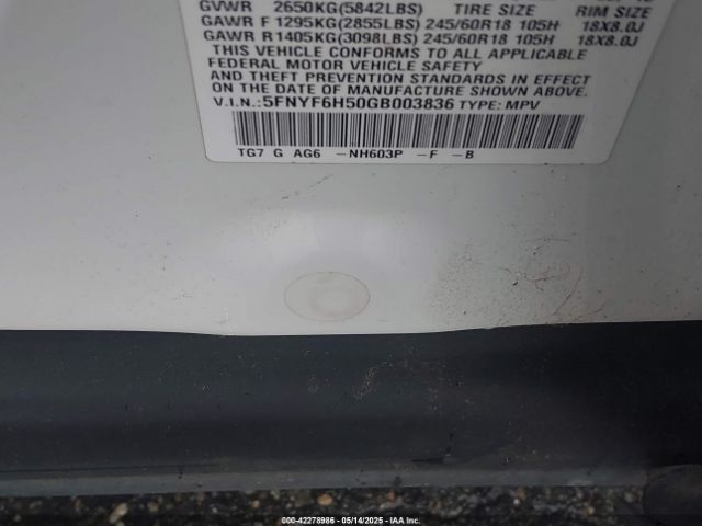 5FNYF6H50GB003836 Honda Pilot Ex-l