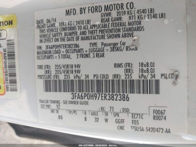 3FA6P0H97ER382386 Ford FUSION SE