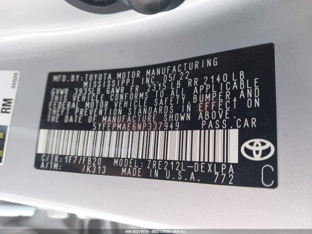 5YFEPMAE6NP337949 Toyota COROLLA LE