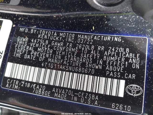 4T1G11AK5NU680670 Toyota CAMRY SE