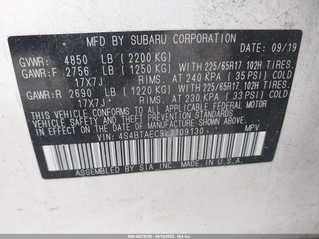 Subaru u5 2020 4S4BTAEC9L3109130 Image 9