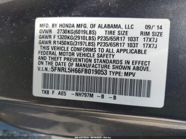 5FNRL5H66FB019053 Honda Odyssey Ex-l