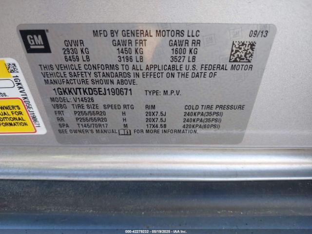 1GKKVTKD5EJ190671 GMC llt