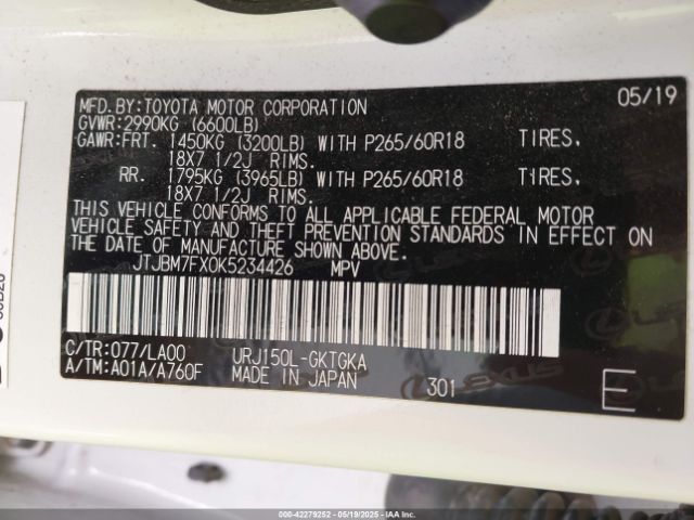 JTJBM7FX0K5234426 Lexus Gx 460 Premium