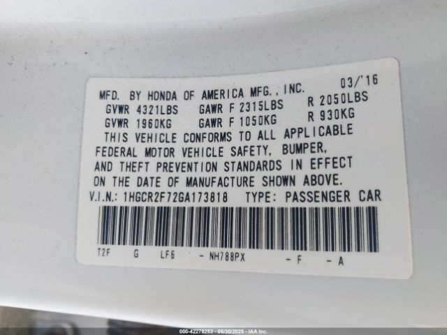 1HGCR2F72GA173818 Honda ACCORD EX