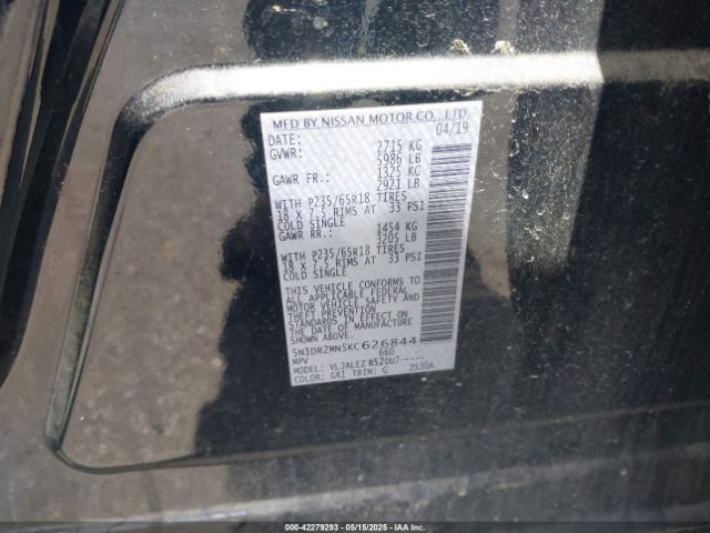 5N1DR2MN5KC626844 Nissan Pathfinder Sv