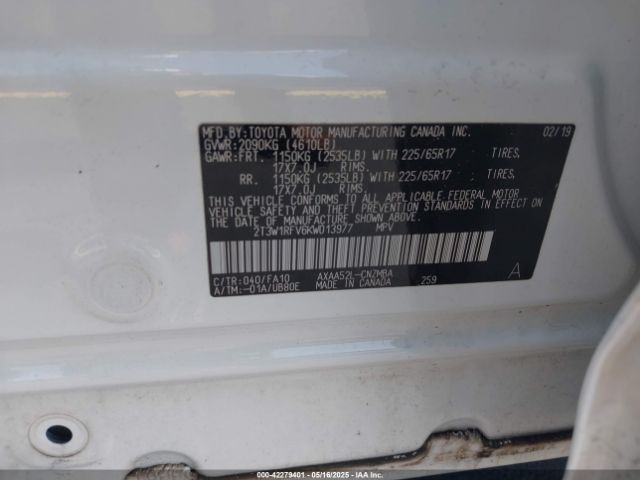 2T3W1RFV6KW013977 Toyota Rav4 Xle