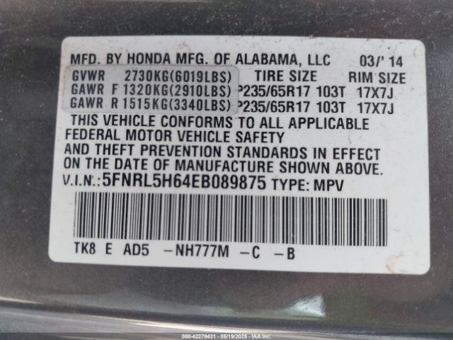 5FNRL5H64EB089875 Honda Odyssey Ex-l
