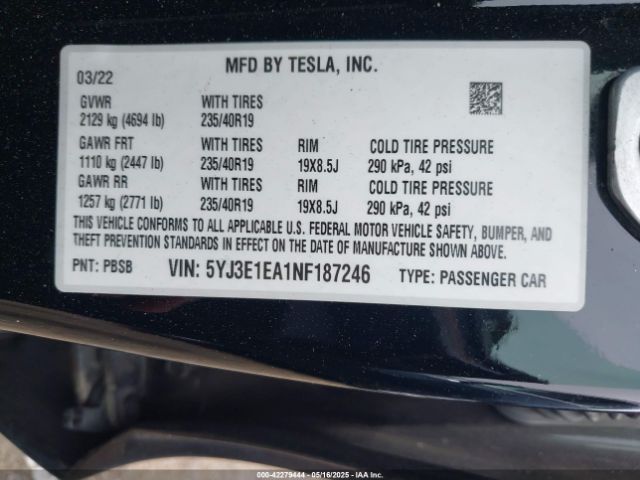 2022 TESLA MODEL 3 5YJ3E1EA1NF187246 Photo 8