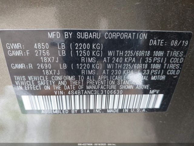 2020 SUBARU OUTBACK 4S4BTANC3L3106630 Photo 8