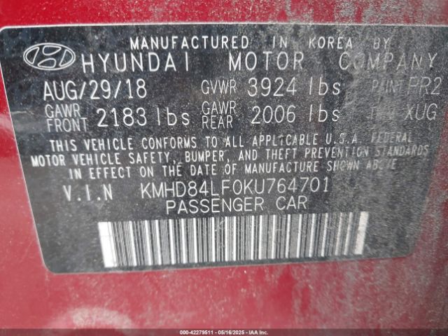 KMHD84LF0KU764701 Hyundai ELANTRA SEL