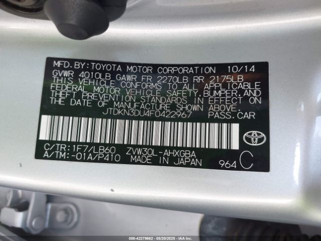 JTDKN3DU4F0422967 Toyota Prius Four